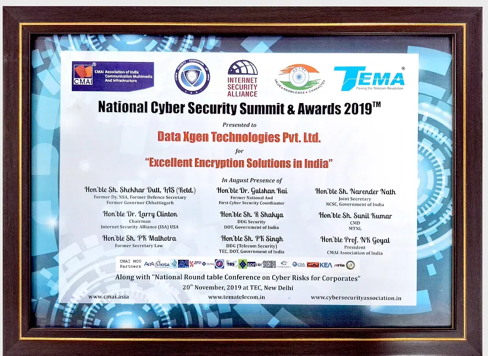 Certificate from the National Cyber Security Summit & Awards 2019 presented to Data Xgen Technologies Pvt. Ltd. for Excellent Encryption Solutions in India