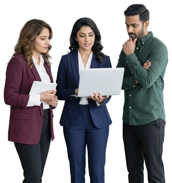 SIYA and two colleagues evaluating email platform options on a laptop